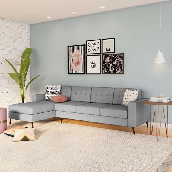 Sofá 4 Lugares Joy Com Chaise Esquerdo Pé Palito Linho Cotton