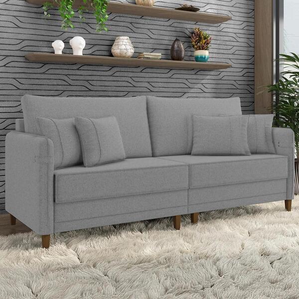 Sofá 4 Lugares Living 252cm Pé Madeira Zoe Linho Cinza Escuro