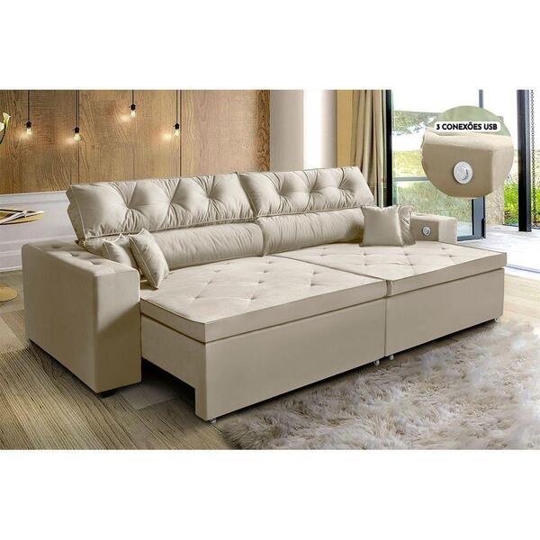 Sofá 4 Lugares Reclinável 262 M 3 Portas Usb Bege