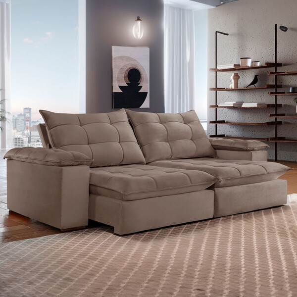 Sofá 4 Lugares Retrátil E Reclinável Espanha 250cm Bege Escur