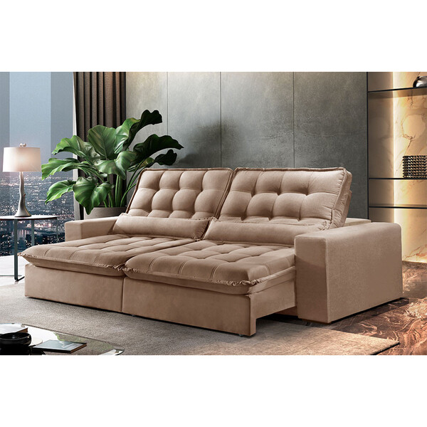 Sofá 4 Lugares Retrátil E Reclinável Orion 2.50m Veludo Bege