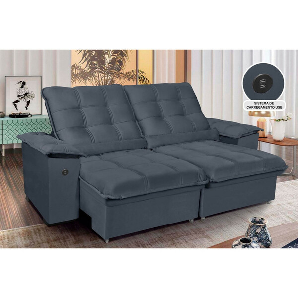 Sofá 4 Lugares Retrátil Reclinável 290cm Com Usb Veludo Canad