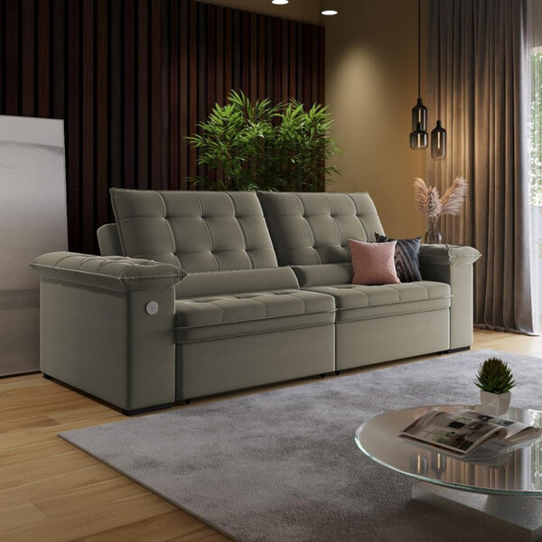 Sofá 4 Lugares Retrátil Reclinável Com Usb Veludo 250cm Khali