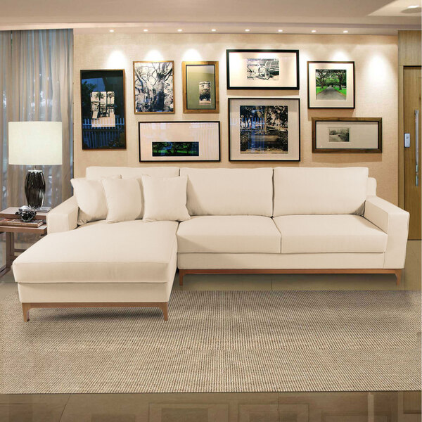 Sofá 5 Lugares 262 Cm Rústico Retrô Com Chaise Pé Palito Moca