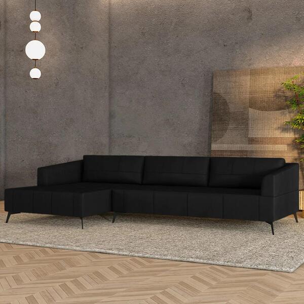 Sofá 5 Lugares 326cm Com Chaise Esquerdo Eko Couro Preto Z55
