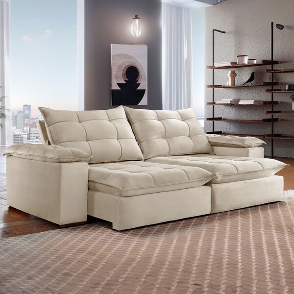 Sofá 5 Lugares Espanha Retrátil E Reclinável 290cm Bege Claro