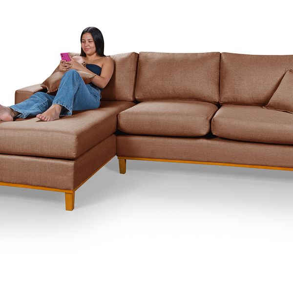 Sofá Amsterdã Living Com Chaise Em Linho Essencial Estofados