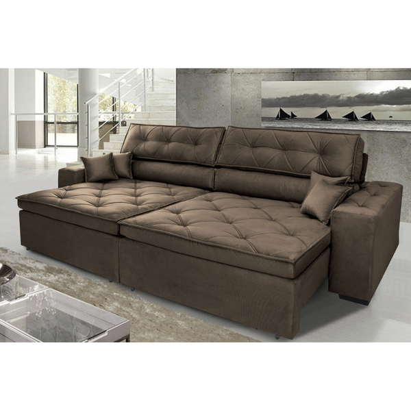 sofa austin 2 82m retratil reclinavel com molas no assento e almofadas tecido suede cafe