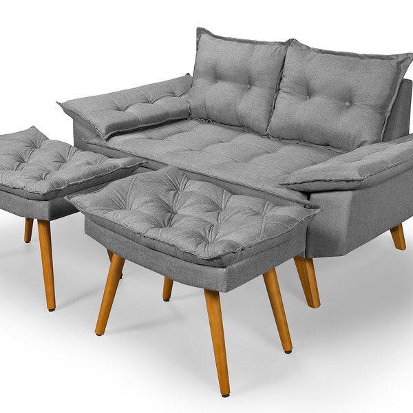 Sofá Bariloche 2 Lugares Com Duas Banquetas Em Linho  Cinza