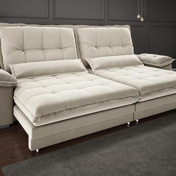 Sofá Bergamo 2,10m Retrátil E Reclinável Veludocristal Areia