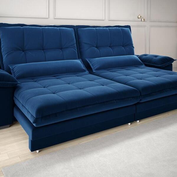 Sofá Bergamo 2,50m Retrátil E Reclinável Veludocristal Azul M