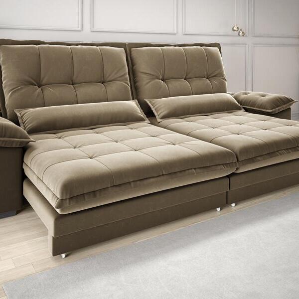 Sofá Bergamo 2,90m Retrátil E Reclinável Veludocristal Castor