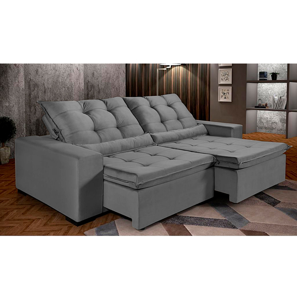 Sofá Berlim Retrátil E Reclinável 6 Lugares 3,10m Veludo Cinz