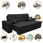 Sofá Cairo 2,52m Retrátil, Reclinável Tecido Suede Preto