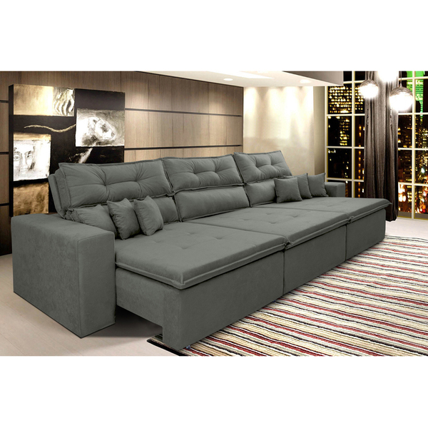sofa cairo 3 52m retratil reclinavel com molas no assento e 6 almofadas tecido suede cinza cama inbox