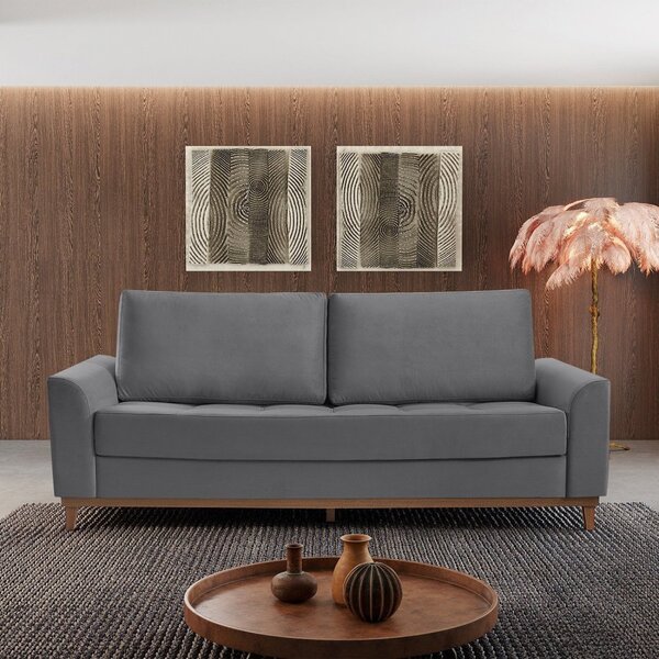 Sofá Cama 3 Lugares 2,24m Retrátil Veludo Alegra Pés De Madei