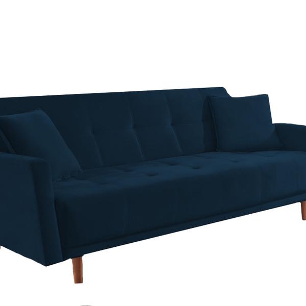 Sofá Cama 3 Lugares Azul Em Veludo 2,05m Keela