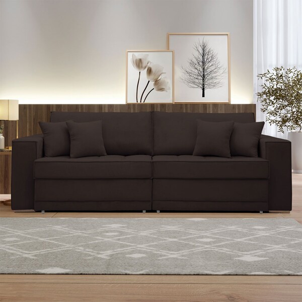 Sofá Cama 3 Lugares Noel Retrátil 20591 Veludo Marrom  - Celf