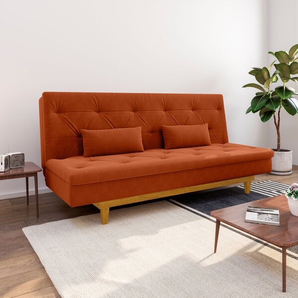 Sofá Cama 3 Lugares Reclinável Suede Laranja Tókio Pés Madeir