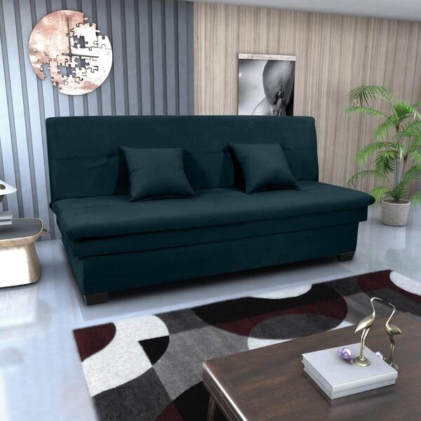 Sofá Cama 3 Lugares Veludo Azul Petróleo Com Almofadas Napoli
