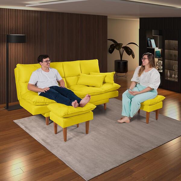 Sofá Cama Andorra Com Banqueta Suede Amarelo 3 Posições Pés M