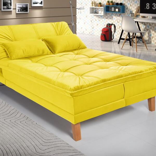 Sofá Cama Berlim Pés De Madeira Suede Amarelo