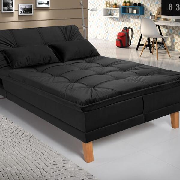 Sofá Cama Berlim Pés De Madeira Suede Preto