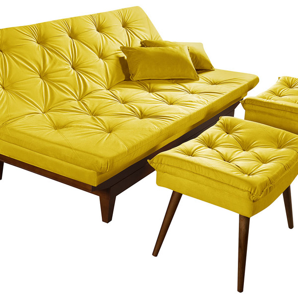 Sofá Cama Caribe 3 Lugares Com 2 Banqueta Tecido Suede Amarelo