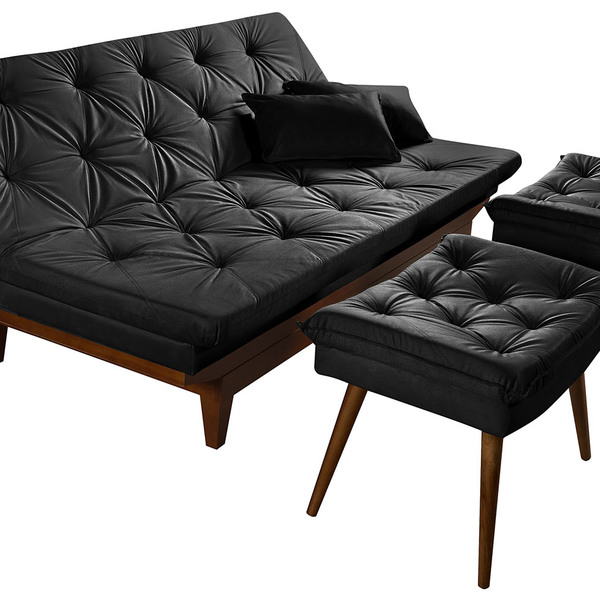 Sofá Cama Caribe 3 Lugares Com 2 Banqueta Tecido Suede Preto