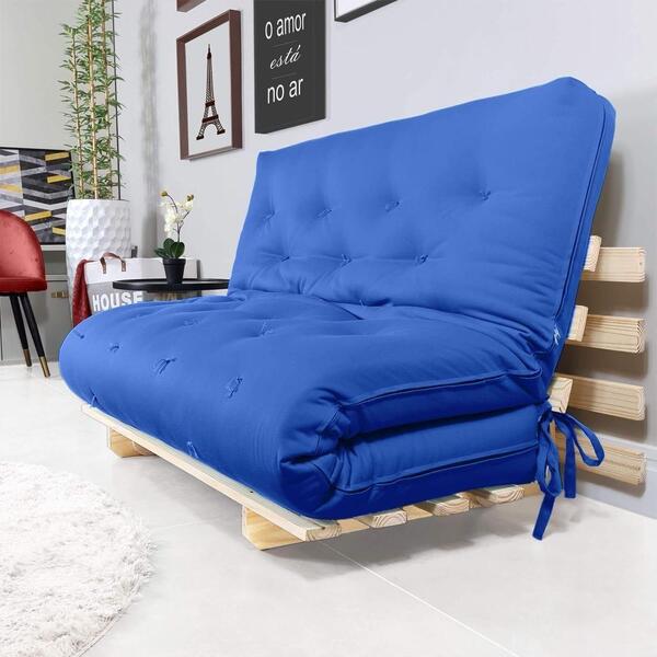 Sofa Cama Casal Azul Royal Com Madeira Maciça.