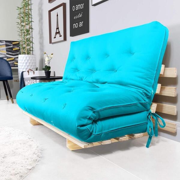 Sofa Cama Casal Azul Tiffany Com Madeira Maciça.