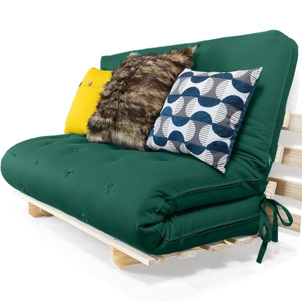 Sofa Cama Casal Futon Oriental Verde Bandeira Com Madeira Maciça