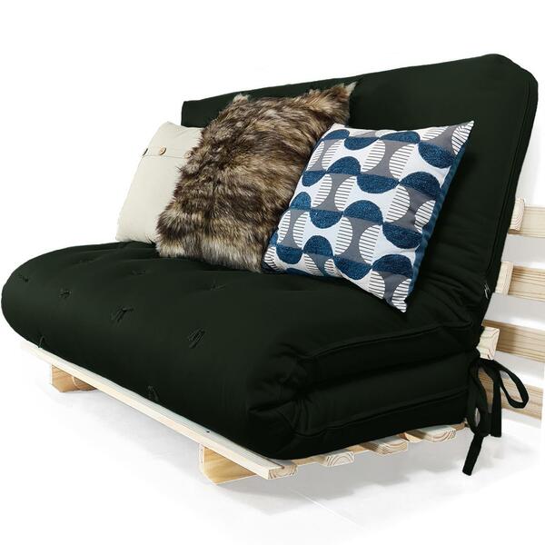 Sofa Cama Casal Futon Oriental Verde Militar Com Madeira Maci
