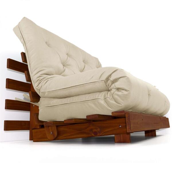 Sofá Cama Casal Futon Tokio Bege Madeira Maciça Cor Imbuia