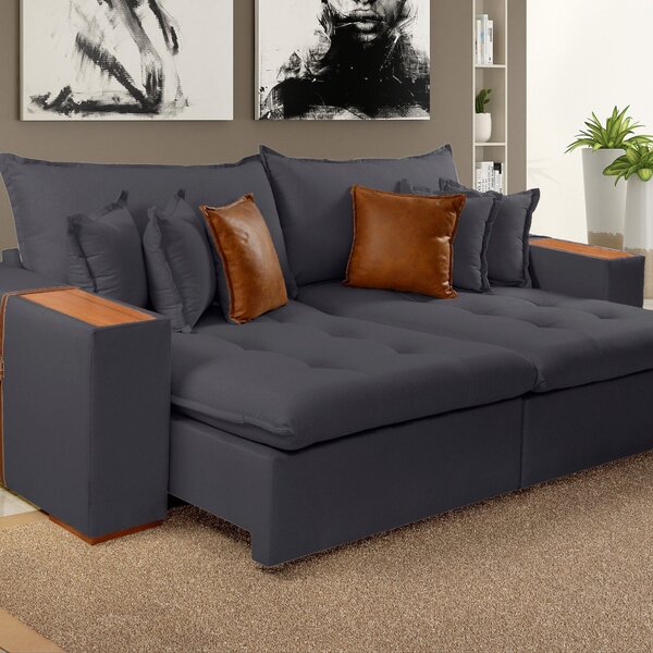 Sofá Cama Com Molas Ensacadas Maria 2.20 Mts Cinza Chumbo