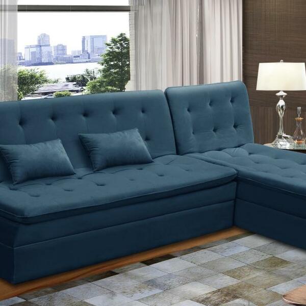 Sofá Cama King 5 Lugares 2,70m Amélia Suede Azul Mirra Decor