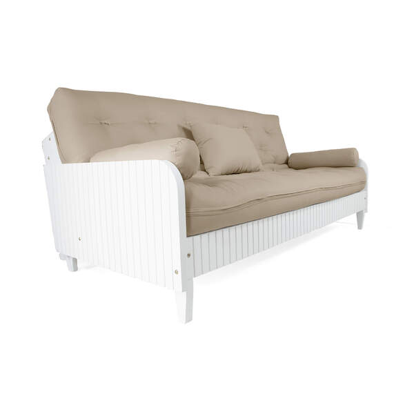 Sofá Cama Paris Ripado Branco Sarja Bege Madeira Nobre