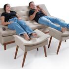 Sofá Cama Reclinável Santorini Com Puff Veludo Moderno Areia