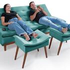 Sofá Cama Reclinável Santorini Com Puff Veludo Moderno Azul T