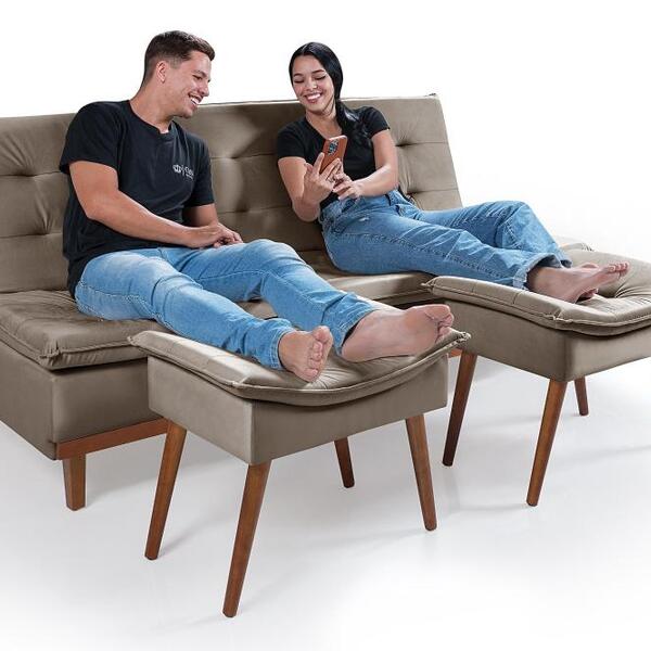 Sofá Cama Reclinável Santorini Com Puff Veludo Moderno Capucc