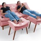 Sofá Cama Reclinável Santorini Com Puff Veludo Moderno Rosa