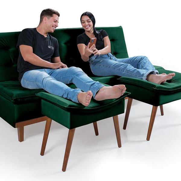 Sofá Cama Reclinável Santorini Com Puff Veludo Moderno Verde