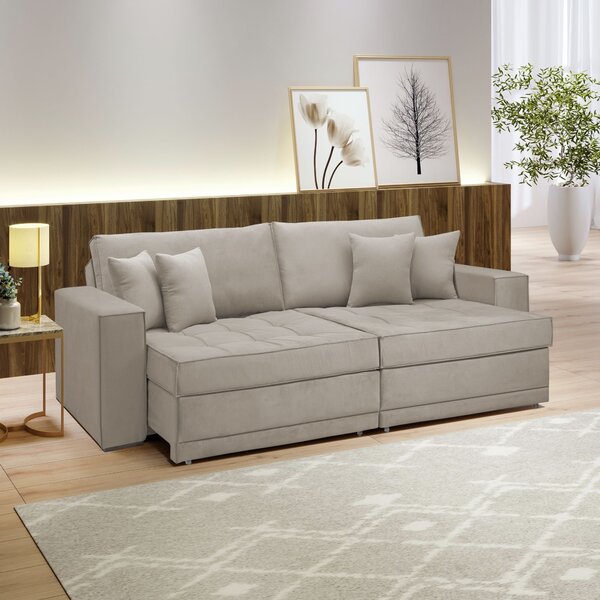 Sofá Cama Retrátil E Reclinável 240cm Noel Veludo   Bege Claro