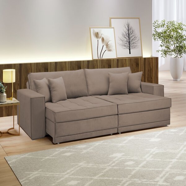 Sofá Cama Retrátil E Reclinável 240cm Noel Veludo   Bege Escu