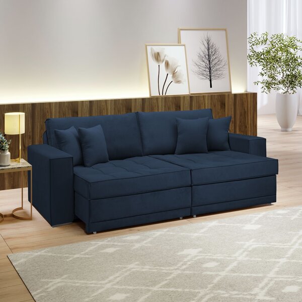 Sofá Cama Retrátil E Reclinável 240cm Noel Veludo Azul