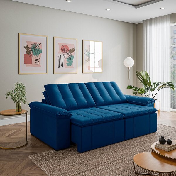 Sofá Cama Retrátil E Reclinável 3 Lugares 260cm Veludo Com Mo
