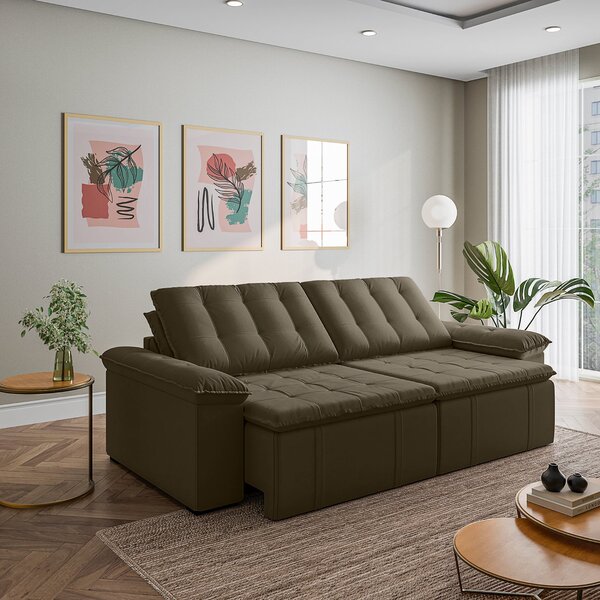 Sofá Cama Retrátil E Reclinável 4 Lugares 280cm Veludo Com Mo