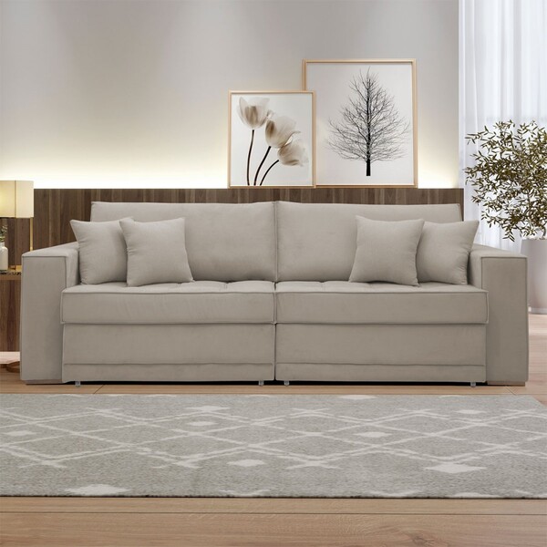 Sofá Cama Retrátil E Reclinável Noel 240cm Veludo Bege Claro