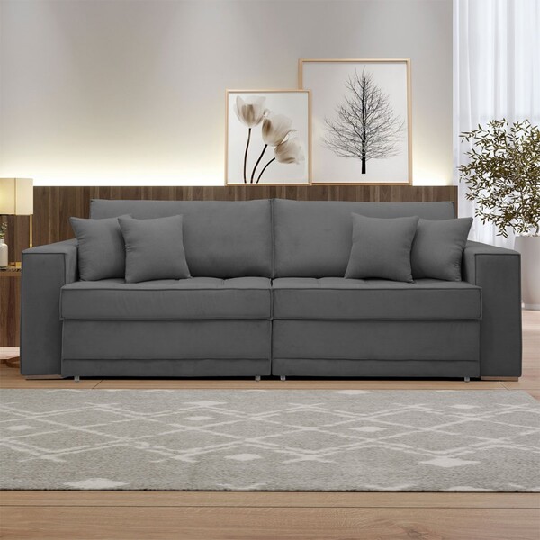 Sofá Cama Retrátil E Reclinável Noel 240cm Veludo Cinza  - Ce