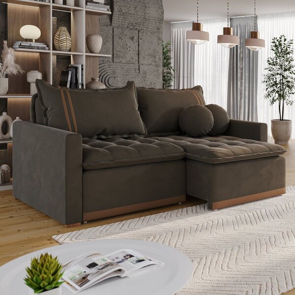 Sofá Cama Retrátil Em Madeira Eucalipto E Veludo 200cm Flórid